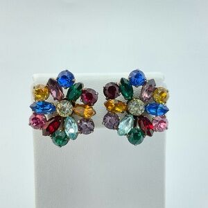 Vtg Fruit Salad Rhinestone Earrings, Screw Back, Mid Century Modern, Colorful